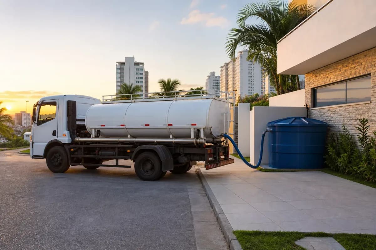 Caminhão pipa DF fornecendo água a uma residência
